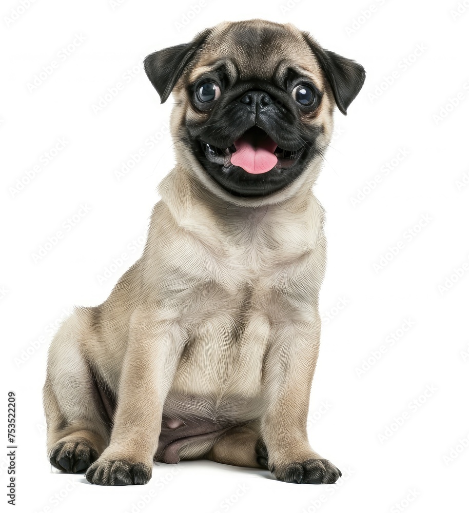 Charming Fawn Pug Puppy Sits With Joyful Glee And Tongue Out - Portrait Generative AI