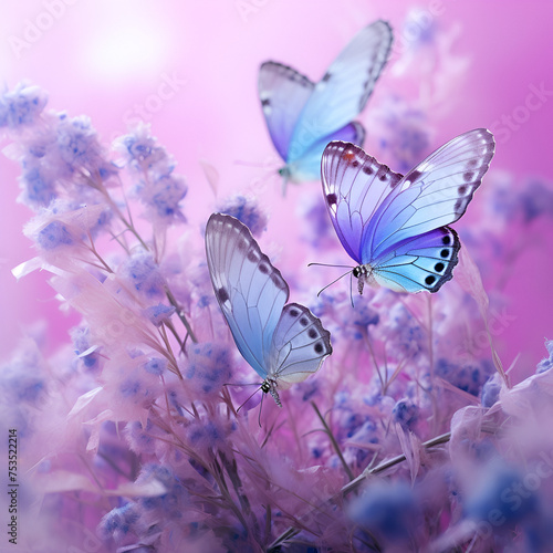 blue and pink butterfly flying over the flower spring background colorful flowers and butterflies.