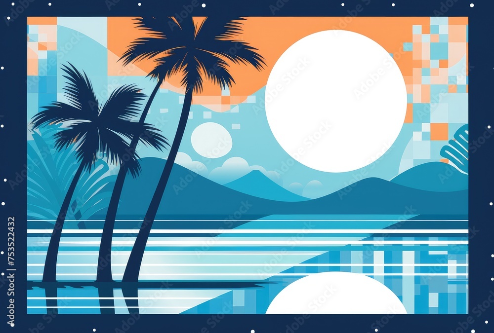Stylized Retro Beach Sunset with Palms and Serene Ocean View Generative AI