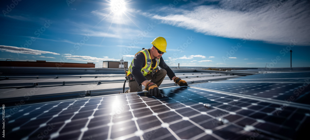 Fototapeta premium Solar panel technician with tools working on a bright day
