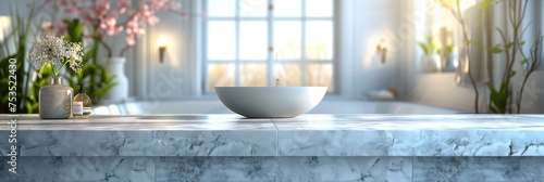 Blurry inside shot of a restroom with an empty marble top table. Generative Ai.