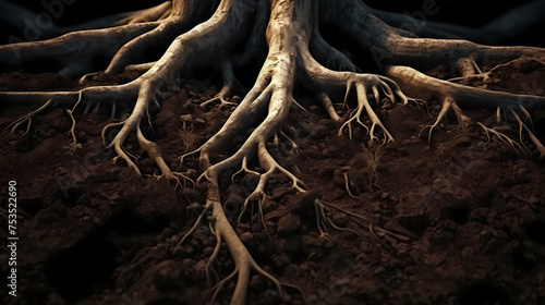 Close-up of tree roots in soil, underground texture photo