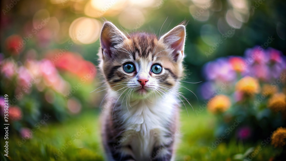 Adorable cat with white fur, green eyes, and a cute face sitting in the grassy garden Adorable cat with white fur, green eyes, and a cute face sitting in the grassy garden