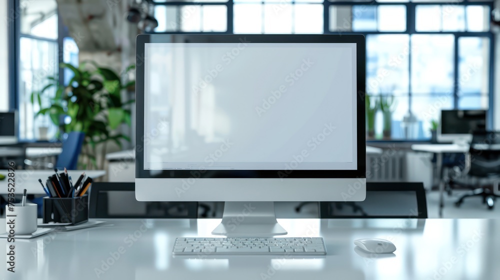 Blank white screen monitor mockup with a modern office workspace background Blank white screen monitor mockup with a modern office workspace background