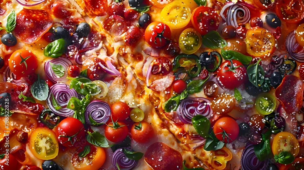 Junk Food.Close-up of a vibrant, vegetable-topped pizza with a variety of colorful tomatoes and basil. Junk Food.Close-up of a vibrant, vegetable-topped pizza with a variety of colorful tomatoes and basil.