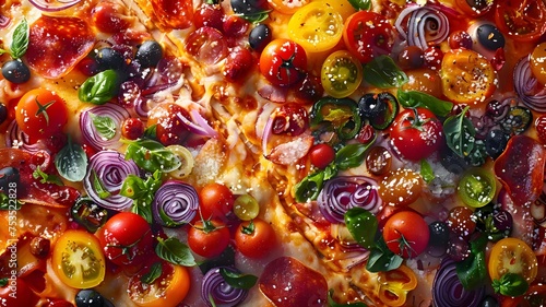 Junk Food.Close-up of a vibrant, vegetable-topped pizza with a variety of colorful tomatoes and basil. © JewJew