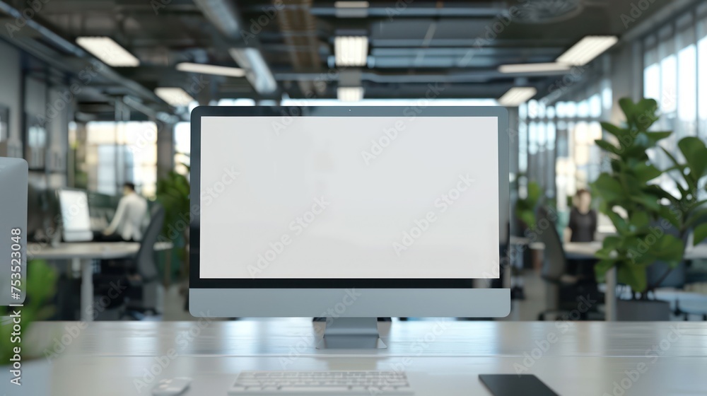 Blank white screen monitor mockup with a modern office workspace background