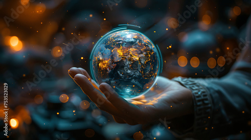 Hand holding hologram earth futuristic economy globe trade green eco design illustration AI Image Generative photo