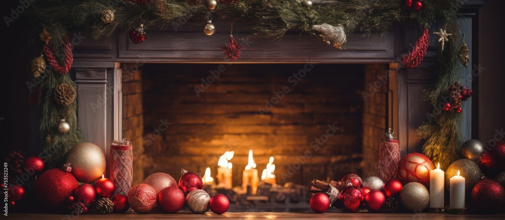 Closeup Christmas decorations on wooden table near fireplace