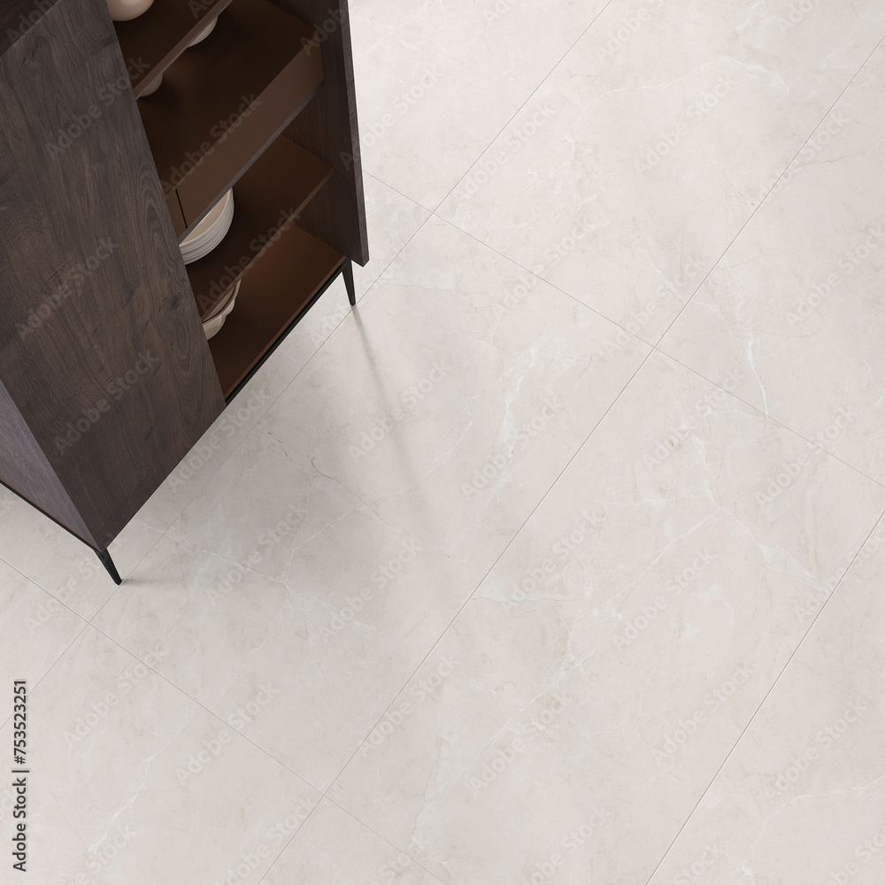 Beige marble floor, wooden rack. 3D Rendering