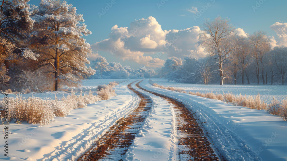 Dirt road leading to frosted woodland along snowy farmland under blue sky with white fluffy clouds. Dirt road leading to frosted woodland along snowy farmland under blue sky with white fluffy clouds.