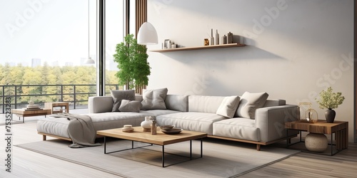Modern home decor with stylish grey corner sofa  coffee table  personal accessories  and panoramic windows in a template-style elegant living room composition.