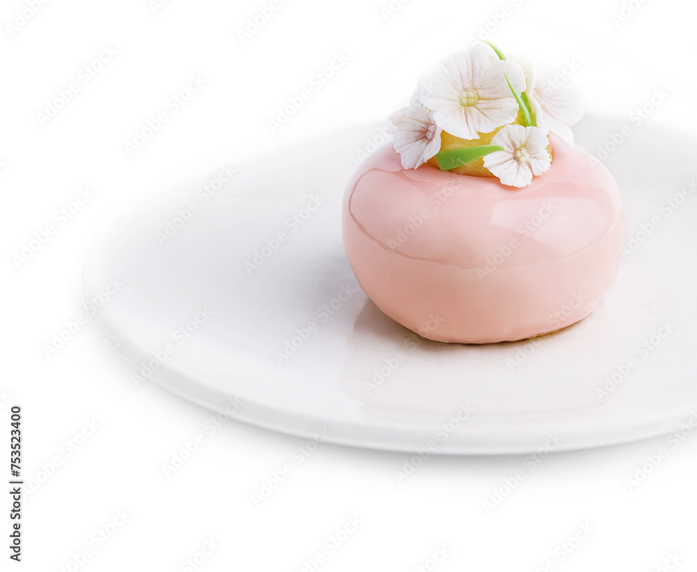 Pink mousse cake decorated with white flowers Pink mousse cake decorated with white flowers