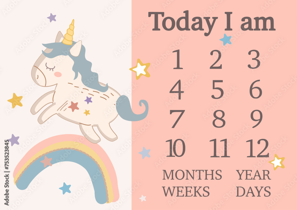 Obraz premium Baby milestone blanket. Baby first 12 months, weeks . Baby milestones card. Baby shower decoration. Vector illustration. Printable baby girl gift