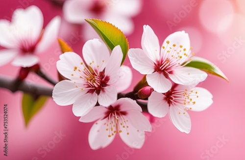 Branch of blossoming white cherry cherry blossom on delicate pink background