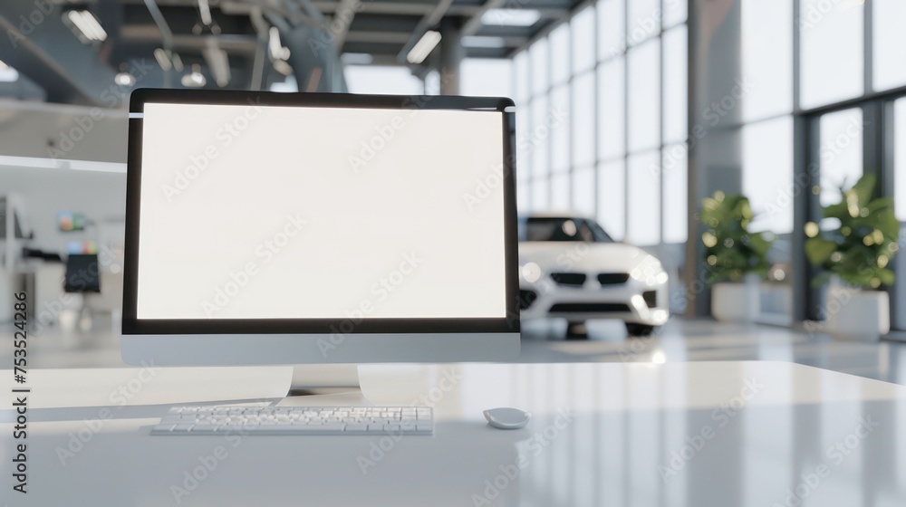 Naklejka premium A monitor laptop with a blank white screen on a table, set against the backdrop of a modern car showroom.