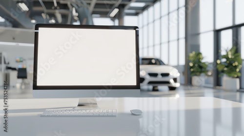 A monitor laptop with a blank white screen on a table, set against the backdrop of a modern car showroom.
