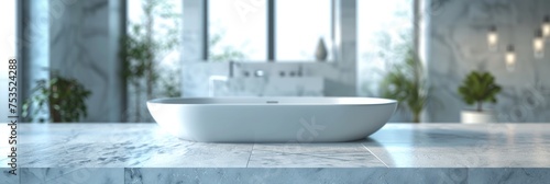 Blurry inside shot of a restroom with an empty marble top table. Generative Ai.