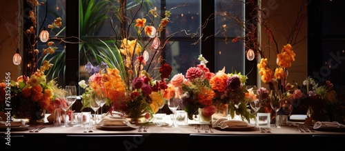 Exquisite floral arrangements for a special occasion at a dining establishment photo