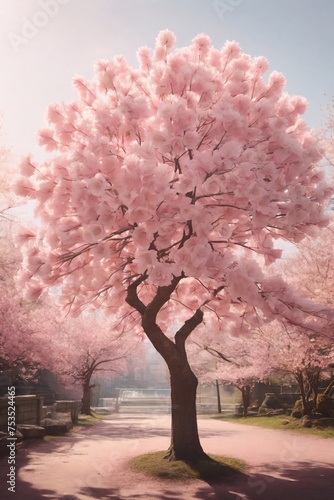 A luminously blooming cherry blossom tree stands at the center of the image, its delicate pink petals glowing in the spring sunlight © Светлана Квет
