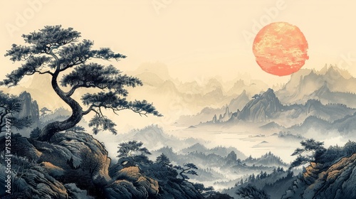 木と自然風景の水墨画,Generative AI AI画像