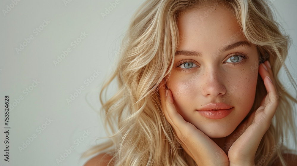 A blonde young woman with blue eyes touches her face, showcasing natural makeup on a studio background. Cosmetic concept. A blonde young woman with blue eyes touches her face, showcasing natural makeup on a studio background. Cosmetic concept.