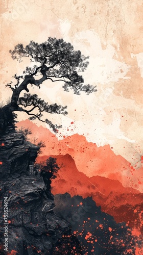 木と自然風景の水墨画,Generative AI AI画像
