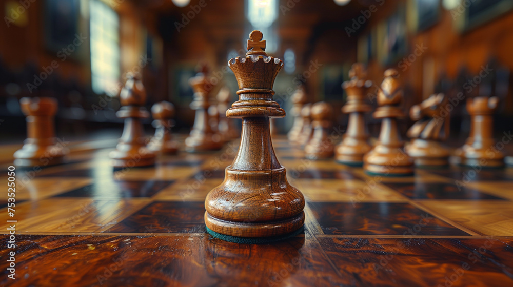 Close-up of a king chess piece on a wooden board, symbolizing strategy and leadership in business (AI-Generated) Close-up of a king chess piece on a wooden board, symbolizing strategy and leadership in business (AI-Generated)