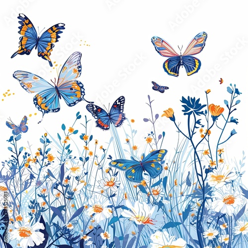 Background of colorful butterflies. spring garden floral beauty flowering plant blue. background summer flower field white color season banner. generative ai