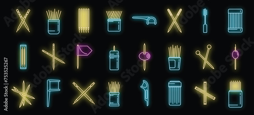 Toothpick icons set outline vector. Clean accessory. Dental toothpick neon isolated