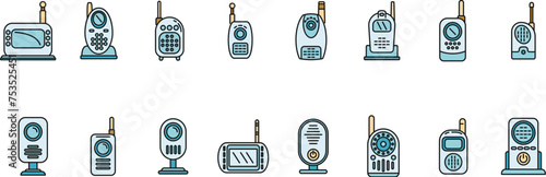 Baby monitor icons set outline vector. Button communication. Mobile equipment color line isolated