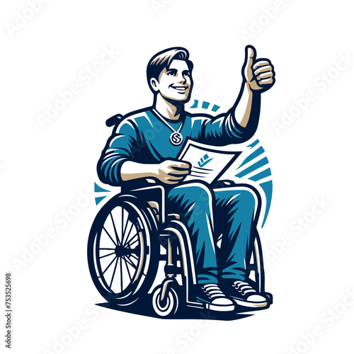 man in wheelchair happy with medal and thumb up- handicap sport inclusion concept