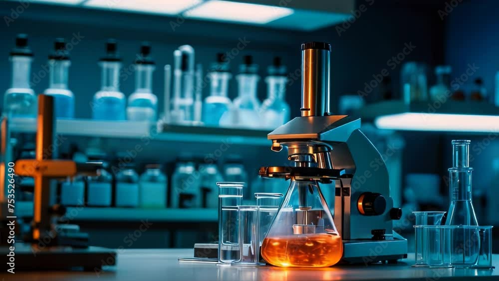 Video animation of laboratory with a microscope and various chemical glassware, illuminated by a cool blue light. Video animation of laboratory with a microscope and various chemical glassware, illuminated by a cool blue light.