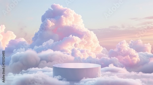 3D-rendered podium backdrop adorned with soft pastel clouds, subtle abstract designs, and a dreamy studio pedestal, offering a tranquil atmosphere for beauty settings.