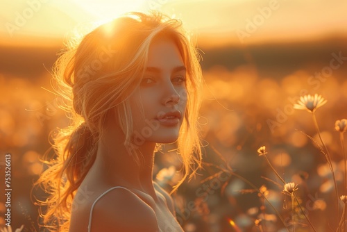 Serene young woman surrounded by flowers in a field bathed in the golden sunset light © familymedia