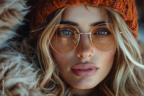Close-up shot of a woman with piercing eyes wearing a warm orange beanie and eyeglasses