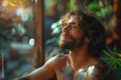 Peaceful setting of a tattoed man taking a moment to relax in a sun-filled natural environment