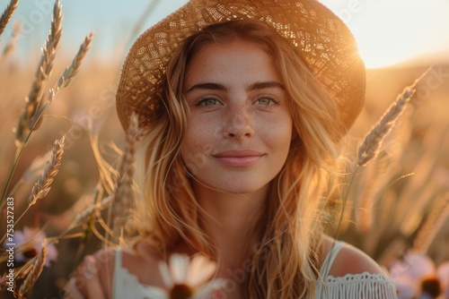 A woman in a sun hat is illuminated by the golden hour light in a wheat field  exuding tranquility
