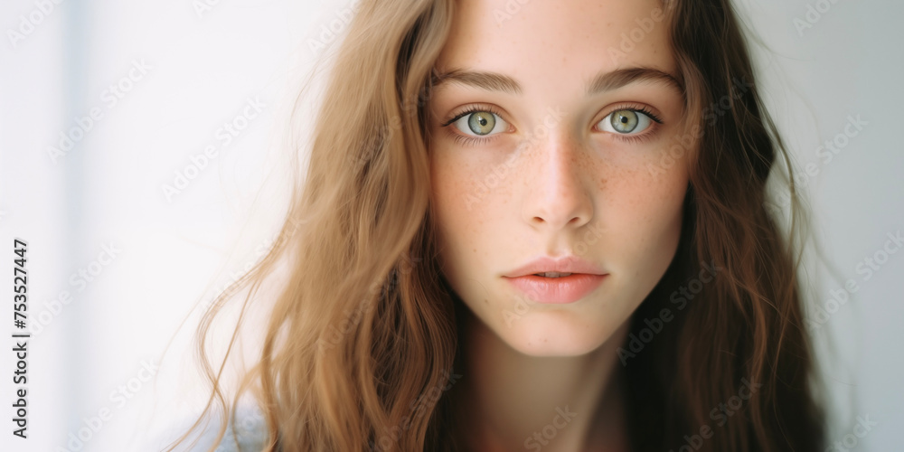 International Women's Day. Long healthy hair. Skin natural beauty, smooth skin for Care and hair products. Model girl, smiling woman. International Women's Day. Long healthy hair. Skin natural beauty, smooth skin for Care and hair products. Model girl, smiling woman.