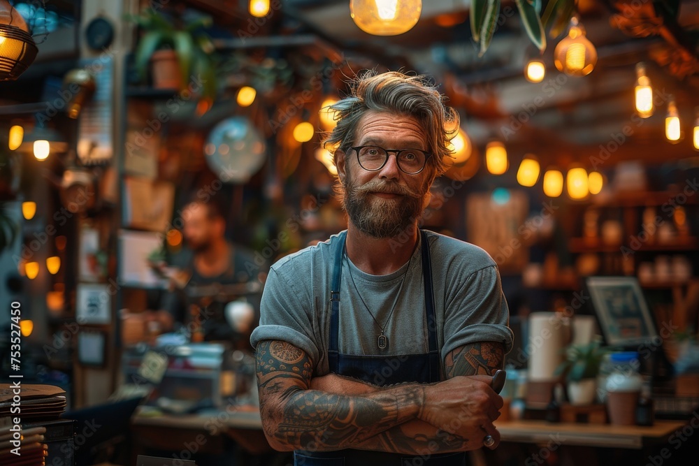 Hipster barista with tattooes and trendy glasses striking a confident pose inside a warmly lit cafe