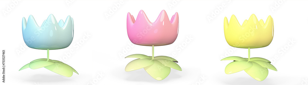 Fototapeta premium set cartoon flowers on a white background 3D rendering