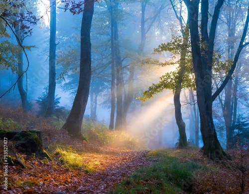 Mystical Forest with beaming light through the trees 