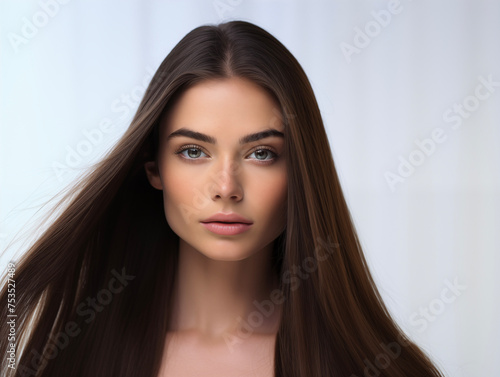 International Women's Day. Long healthy black hair. Skin natural beauty,  smooth skin for Care and hair products. Model girl, smiling woman.
