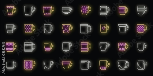 Mug icons set outline vector. Coffee cup. Steam hot mug neon isolated
