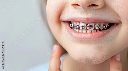 Smiling child with healthy teeth and metal braces on bright white background, copy space