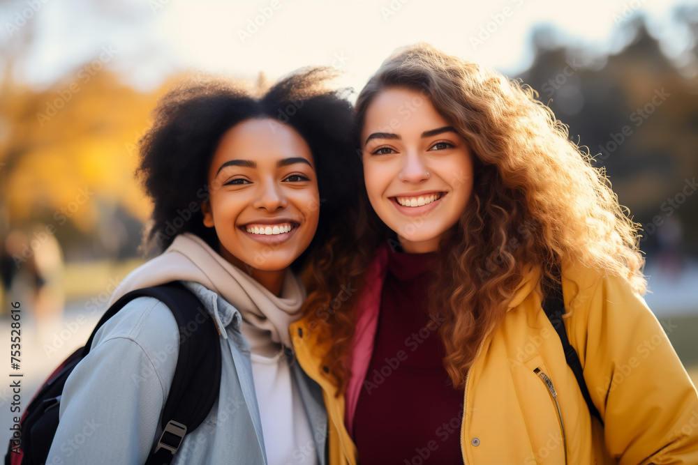 Obraz premium Two female college student friends on campus