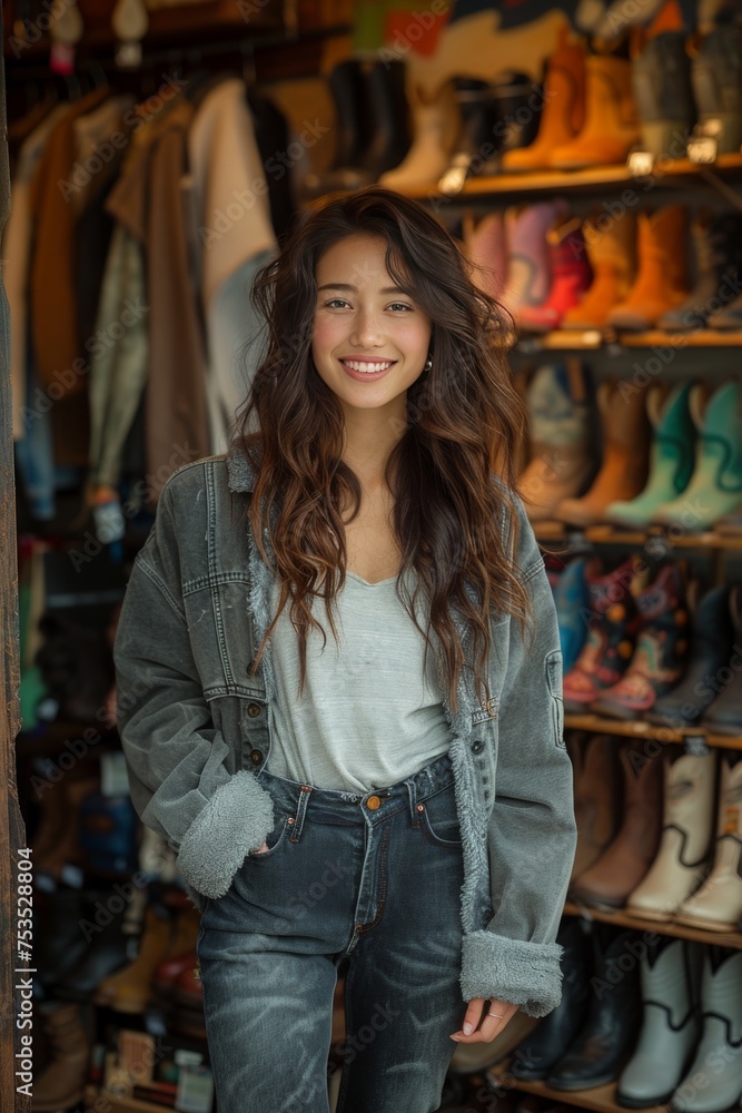 Obraz premium Cheerful Asian woman in a clothing store