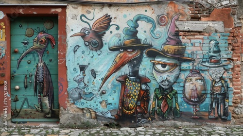 A whimsical and quirky street art piece featuring odd characters and surreal scenarios.