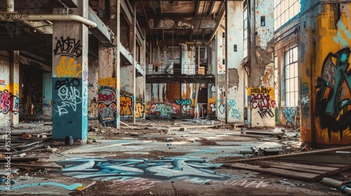 Abandoned industrial complex with graffiti walls background © furyon