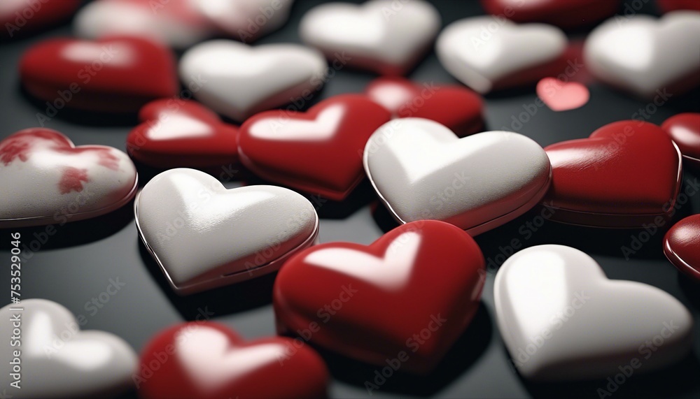 Multiple red and white hearts gleam in the dark, evoking a romantic atmosphere. Multiple red and white hearts gleam in the dark, evoking a romantic atmosphere.